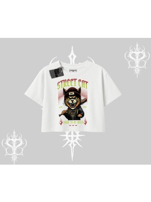 Street Cat Kedi Baskılı Oversize Crop Tshirt