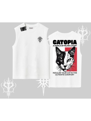 Modern Kedi Temalı Arka Baskılı Kolsuz Tshirt