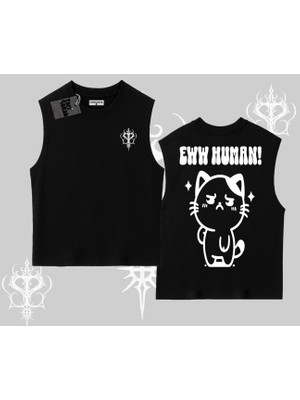 Sevimli Kedi Çizimli Arka Baskılı Kolsuz Tshirt