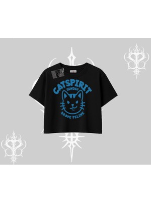 Catspirit Sunday Brave Feline Yazılı Kedi Baskılı Oversize Crop Tshirt