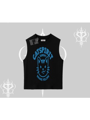 Catspirit Sunday Brave Feline Yazılı Kedi Baskılı Kolsuz Tshirt