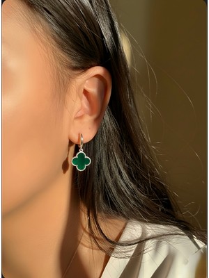 miraç gümüş takı atölyem 925 Ayar Gümüş Büyük Boy Yonca Detaylı Mineli Küpe