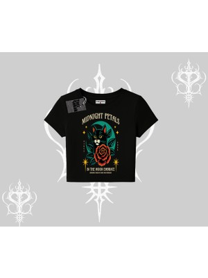 Midnight Petals Kedi Baskılı Babby Tee Tshirt