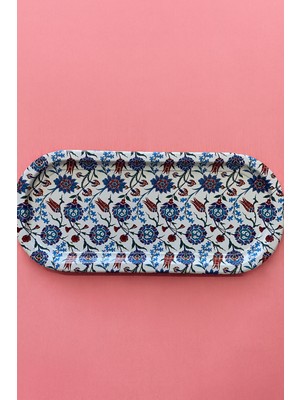 Atagift Hediyelik Mavi Karanfil Motifli Uzun Oval Metal Çay & Kahve Sunum Tepsisi 16 x 35CM