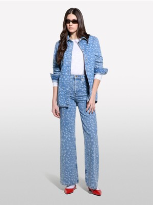 Sisley %100 Pamuk Desenli Çıtçıtlı Relax Fit Denim Gömlek Kadın Buz Mavisi Denim Gömlek - 325P53Y3LQ08I