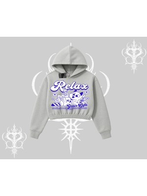 Relax Kedi Baskılı Kapşonlu Crop Sweatshirt