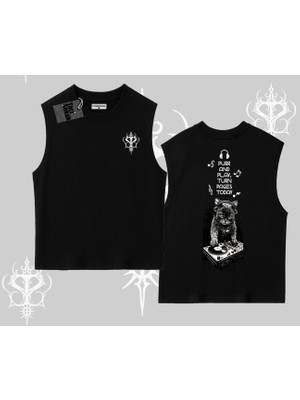 Dj Kedi Baskılı Müzik Temalı Kolsuz Tshirt