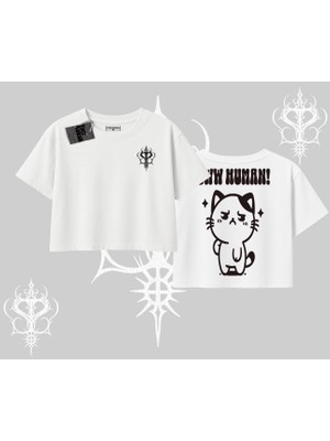 Sevimli Kedi Çizimli Arka Baskılı Oversize Crop Tshirt