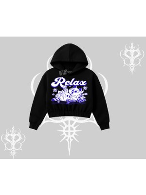 Relax Kedi Baskılı Kapşonlu Crop Sweatshirt