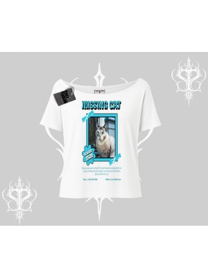 Missing Cat Baskılı Kayık Yaka Tshirt