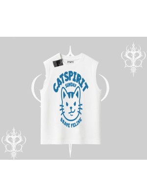 Catspirit Sunday Brave Feline Yazılı Kedi Baskılı Kolsuz Tshirt