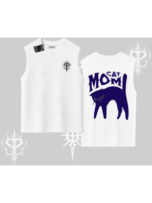 Cat Mom Yazılı Minimal Kedi Arka Baskılı Kolsuz Tshirt