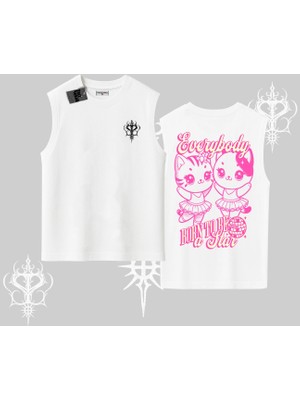 Born To Be A Star Yazılı Sevimli Kedi Arka Baskılı Kolsuz Tshirt