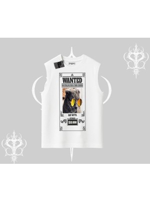 Wanted Temalı Kedi Baskılı Kolsuz Tshirt
