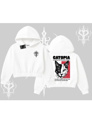 Modern Kedi Temalı Arka Baskılı Kapşonlu Crop Sweatshirt