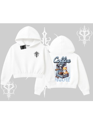 Coffee Meow Kahve Temalı Kedi Arka Baskılı Kapşonlu Crop Sweatshirt