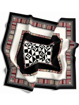Violla Kristal Geometrik Desenli Siyah - Krem Renkli 90X90 Dikim Şekli : El Dikişi Eşarp (Ipek Içermez)