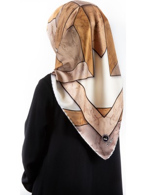 Violla Twill Mermer Desenli Hardal - Bej Renkli 90X90 Eşarp (Ipek Içermez) Kenar Dikiş Şekli El Dikişli