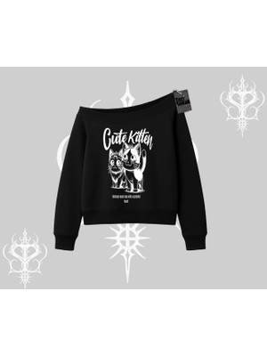 Cute Kitten Yazılı Sevimli Kedi Baskılı Kayık Yaka Sweatshirt