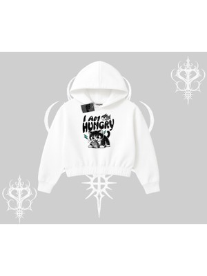Am Hungry Kedi Baskılı Kapşonlu Crop Sweatshirt