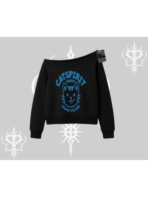 Catspirit Sunday Brave Feline Yazılı Kedi Baskılı Kayık Yaka Sweatshirt