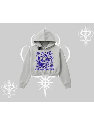 Cuteness Overload Kedi Baskılı Kapşonlu Crop Sweatshirt