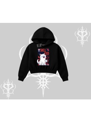 Smell Of Fresh Food Kedi Baskılı Kapşonlu Crop Sweatshirt