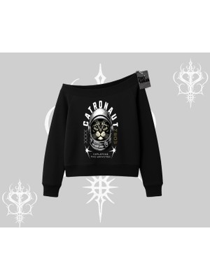 Stay Cool Kedi Baskılı Kapşonlu Crop Sweatshirt