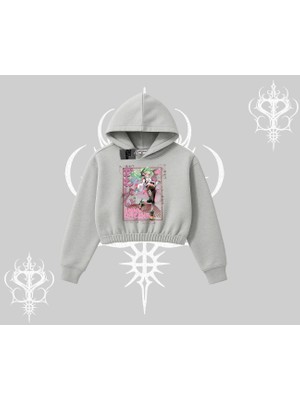 Kapşonlu Crop Sweatshirt Anime Kawaii Japon Kız Desenli