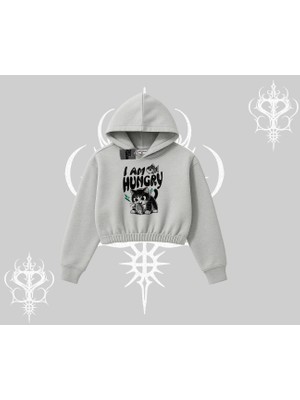 Am Hungry Kedi Baskılı Kapşonlu Crop Sweatshirt