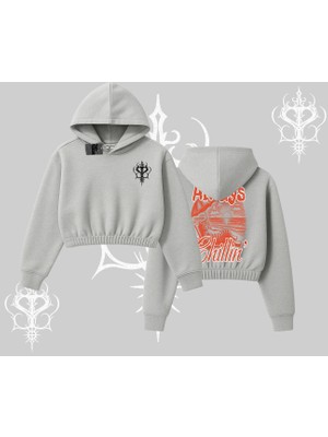 Always Chillin Kedi Arka Baskılı Kapşonlu Crop Sweatshirt