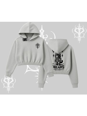 Everyone Has Dreams Yazılı Astronot Kedi Arka Baskılı Kapşonlu Crop Sweatshirt