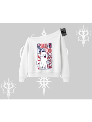 Smell Of Fresh Food Kedi Baskılı Kayık Yaka Sweatshirt