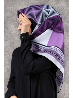 Violla Twill Geometrik Desenli Lila - Krem Renkli 90X90 Eşarp (Ipek Içermez) Kenar Dikiş Şekli El Dikişli