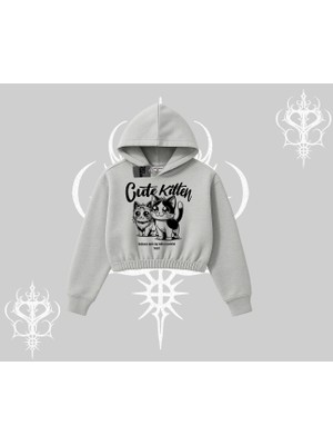 Cute Kitten Yazılı Sevimli Kedi Baskılı Kapşonlu Crop Sweatshirt