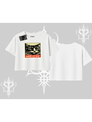 Candyland Yazılı Sevimli Kedi Baskılı Kapşonlu Crop Sweatshirt