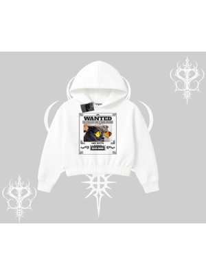 Wanted Temalı Kedi Baskılı Kapşonlu Crop Sweatshirt