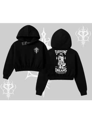 Everyone Has Dreams Yazılı Astronot Kedi Arka Baskılı Kapşonlu Crop Sweatshirt