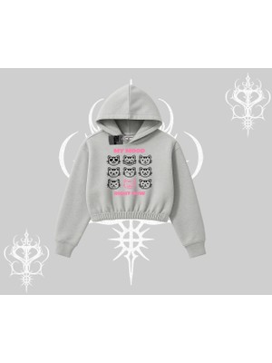 My Mood Right Now Yazılı Sevimli Kedi Kapşonlu Crop Sweatshirt