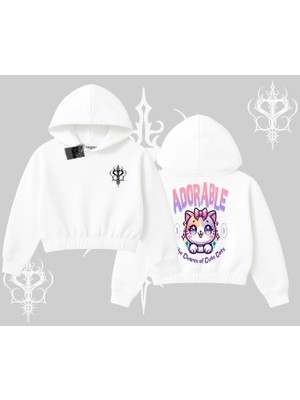 Adorable Kawaii Kedi Arka Baskılı Kapşonlu Crop Sweatshirt