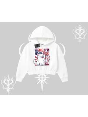 Smell Of Fresh Food Kedi Baskılı Kapşonlu Crop Sweatshirt