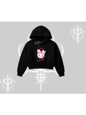 Cozy Queen Kedi Baskılı Kapşonlu Crop Sweatshirt
