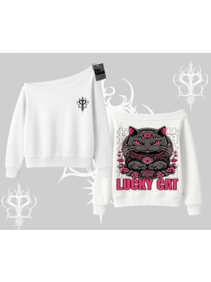 Lucky Cat Japon Tarzı Kedi Baskılı Kayık Yaka Sweatshirt