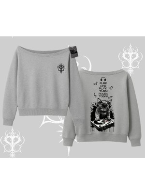 Dj Kedi Baskılı Müzik Temalı Kayık Yaka Sweatshirt