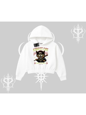 Street Cat Kedi Baskılı Kapşonlu Crop Sweatshirt