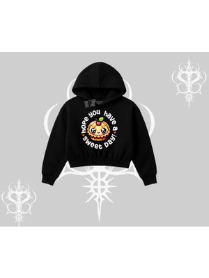Sweet Day Cupcake Baskılı Kapşonlu Crop Sweatshirt