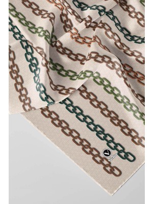 Violla Twill Zincir Desenli Bej - Vizon Renkli 90X90 Eşarp (Ipek Içermez) Kenar Dikiş Şekli El Dikişli