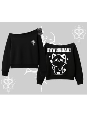 Sevimli Kedi Çizimli Arka Baskılı Kayık Yaka Sweatshirt