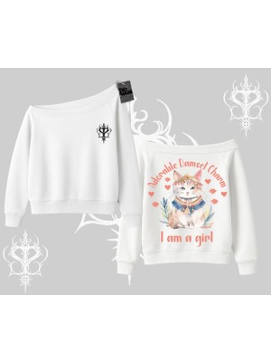 Cute Princess Kedi Tasarımlı Arka Baskılı Kayık Yaka Sweatshirt
