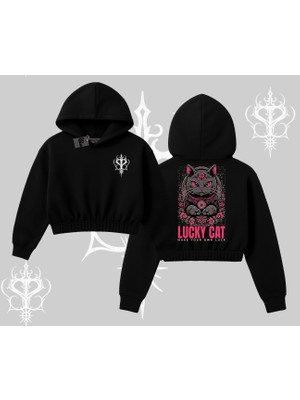 Lucky Cat Japon Tarzı Kedi Baskılı Kapşonlu Crop Sweatshirt